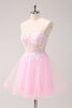 Load image into Gallery viewer, Pink A Line Spaghetti Straps Tulle Corset Graduation Dress with Appliques