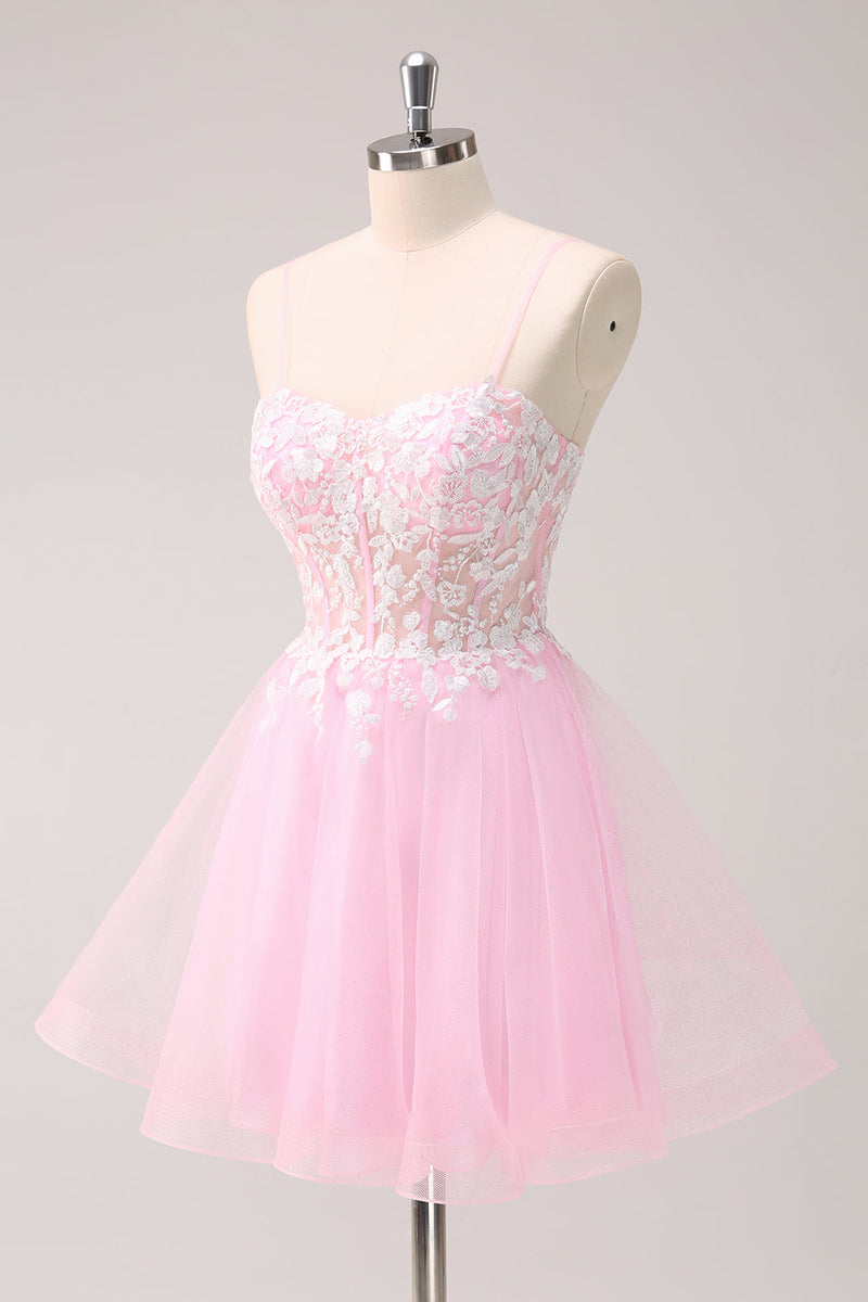 Load image into Gallery viewer, Pink A Line Spaghetti Straps Tulle Corset Graduation Dress with Appliques