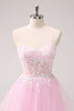 Load image into Gallery viewer, Pink A Line Spaghetti Straps Tulle Corset Graduation Dress with Appliques