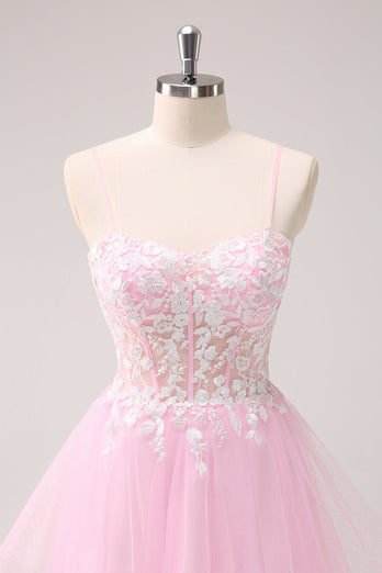 Pink A Line Spaghetti Straps Tulle Corset Graduation Dress with Appliques