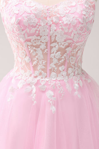 Pink A Line Spaghetti Straps Tulle Corset Graduation Dress with Appliques