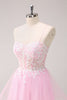 Load image into Gallery viewer, Pink A Line Spaghetti Straps Tulle Corset Graduation Dress with Appliques