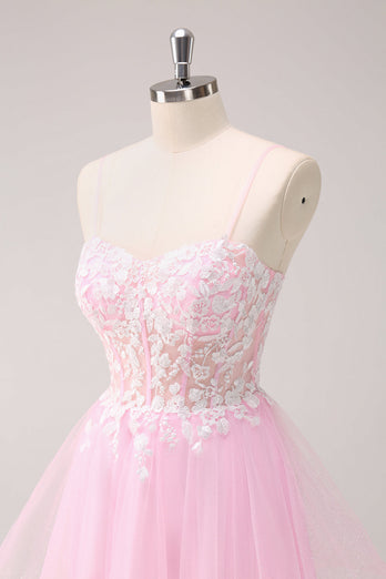 Pink A Line Spaghetti Straps Tulle Corset Graduation Dress with Appliques