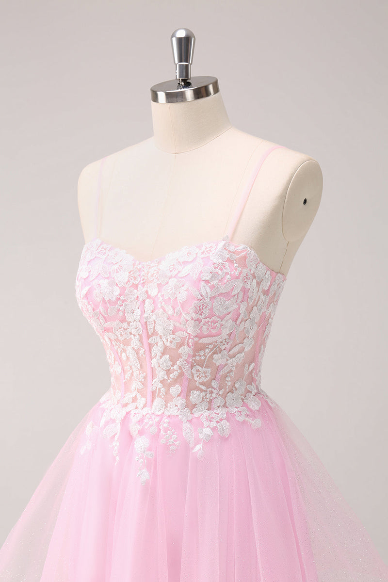 Load image into Gallery viewer, Pink A Line Spaghetti Straps Tulle Corset Graduation Dress with Appliques