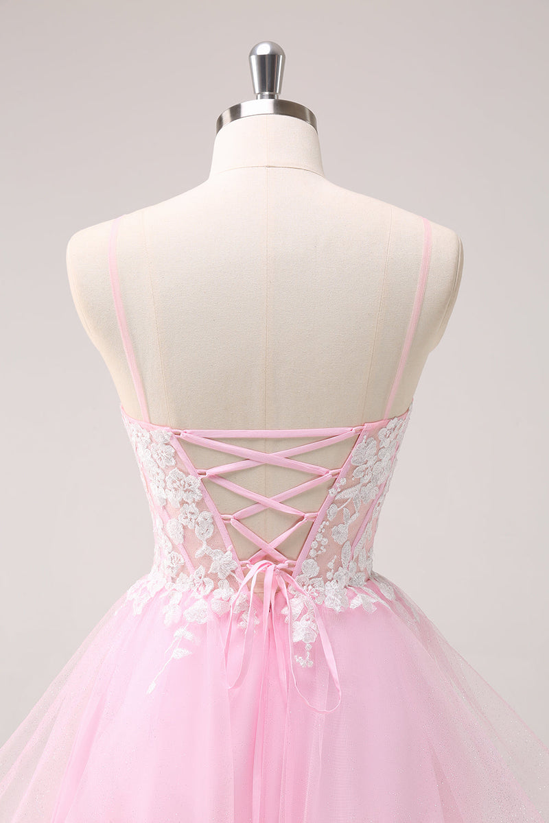 Load image into Gallery viewer, Pink A Line Spaghetti Straps Tulle Corset Graduation Dress with Appliques