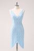 Load image into Gallery viewer, Sparkly Blue Tight V-Neck Sequin Graduation Dress with Lace Up Back