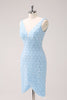 Load image into Gallery viewer, Sparkly Blue Tight V-Neck Sequin Graduation Dress with Lace Up Back