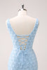 Load image into Gallery viewer, Sparkly Blue Tight V-Neck Sequin Graduation Dress with Lace Up Back