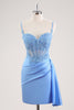 Load image into Gallery viewer, Blue Spaghetti Straps Corset Floral Tight Short Graduation Dress