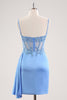 Load image into Gallery viewer, Blue Spaghetti Straps Corset Floral Tight Short Graduation Dress