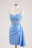 Load image into Gallery viewer, Blue Spaghetti Straps Corset Floral Tight Short Graduation Dress