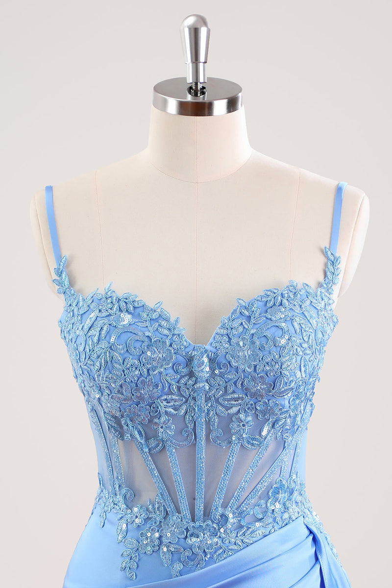 Load image into Gallery viewer, Blue Spaghetti Straps Corset Floral Tight Short Graduation Dress