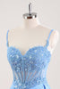 Load image into Gallery viewer, Blue Spaghetti Straps Corset Floral Tight Short Graduation Dress