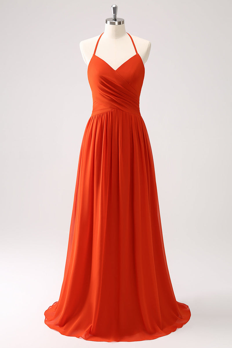 Load image into Gallery viewer, Orange A-Line Halter Ruched Long Bridesmaid Dress