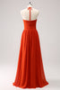 Load image into Gallery viewer, Orange A-Line Halter Ruched Long Bridesmaid Dress