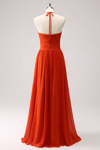 Orange A-Line Halter Ruched Long Bridesmaid Dress