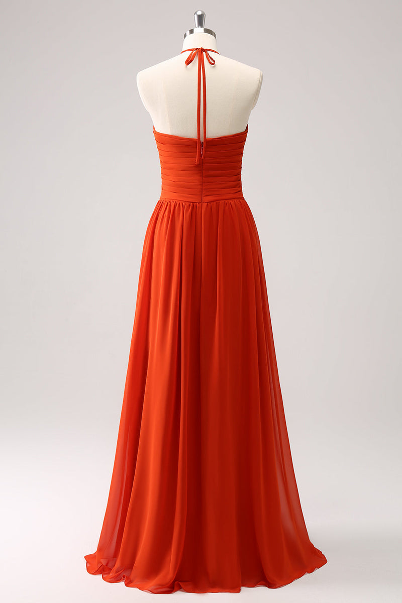 Load image into Gallery viewer, Orange A-Line Halter Ruched Long Bridesmaid Dress