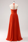 Orange A Line Halter Ruched Long Bridesmaid Dress
