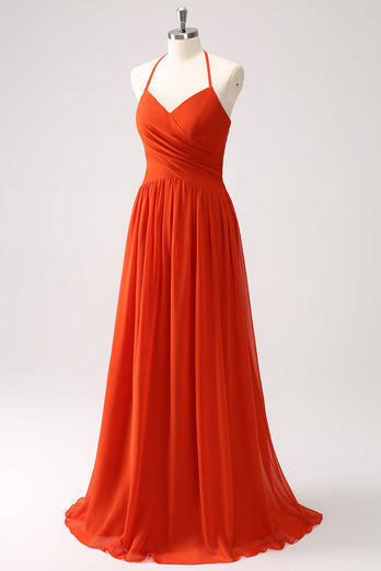 Orange A-Line Halter Ruched Long Bridesmaid Dress