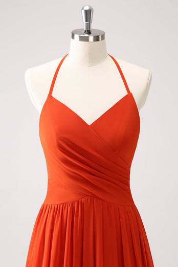 Orange A-Line Halter Ruched Long Bridesmaid Dress