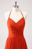 Orange A Line Halter Ruched Long Bridesmaid Dress
