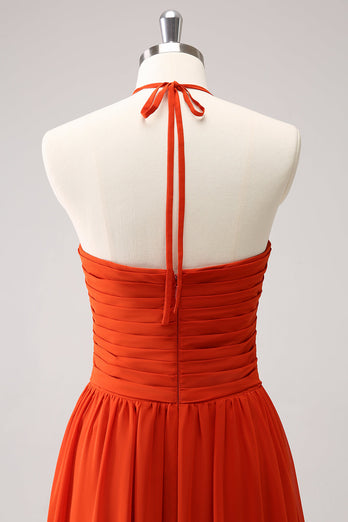 Orange A-Line Halter Ruched Long Bridesmaid Dress