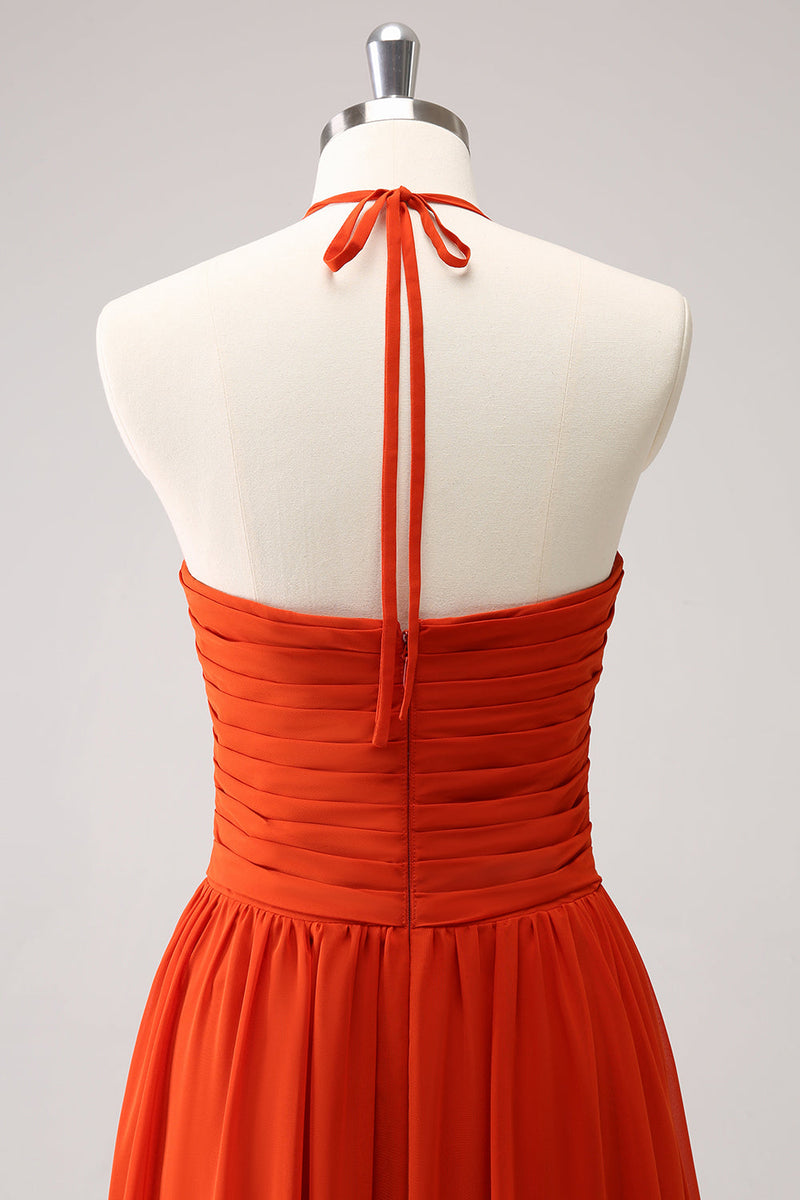 Load image into Gallery viewer, Orange A-Line Halter Ruched Long Bridesmaid Dress