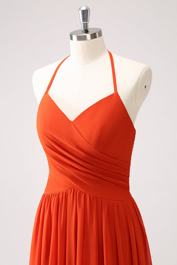 Orange A-Line Halter Ruched Long Bridesmaid Dress