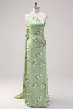 One Shoulder Satin Sage White Flower Sheath Ruched Long Bridesmaid Dress with Streamer