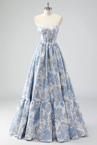 Cute Blue A-Line Sweetheart Brocade Corset Long Prom Dress