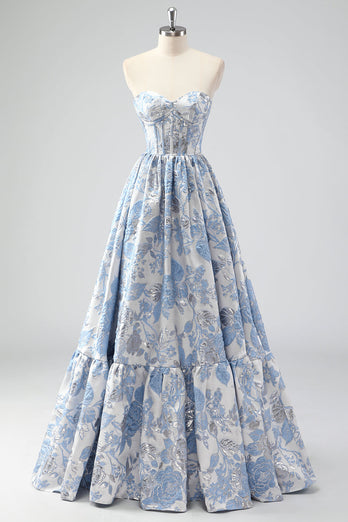 Cute Blue A-Line Sweetheart Brocade Corset Long Prom Dress