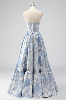 Cute Blue A-Line Sweetheart Brocade Corset Long Prom Dress