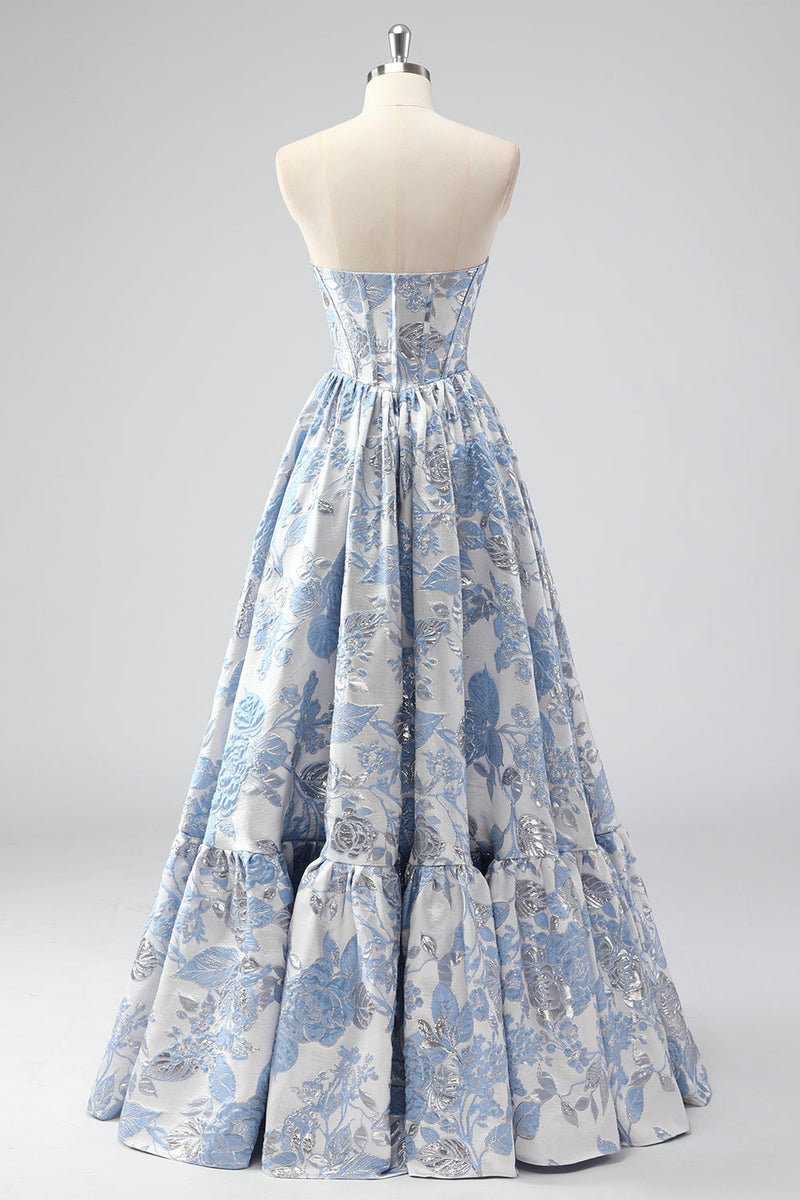 Load image into Gallery viewer, Cute Blue A-Line Sweetheart Brocade Corset Long Prom Dress