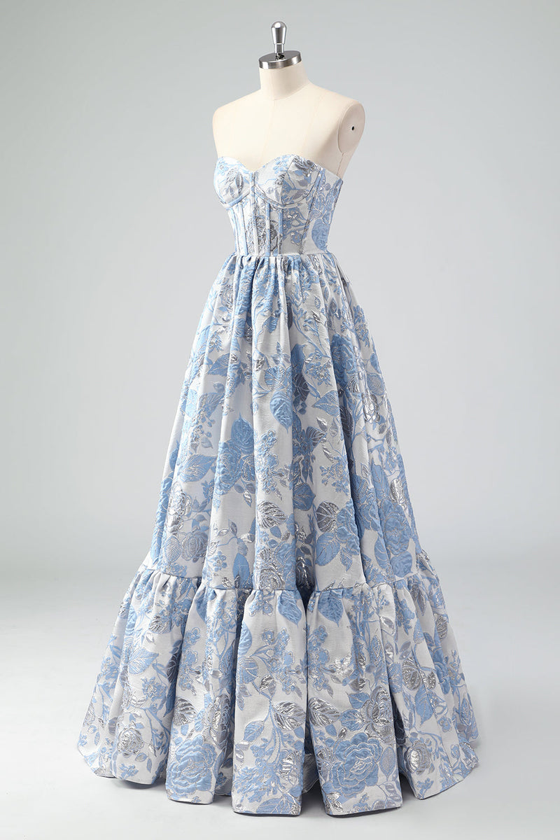 Load image into Gallery viewer, Cute Blue A-Line Sweetheart Brocade Corset Long Prom Dress