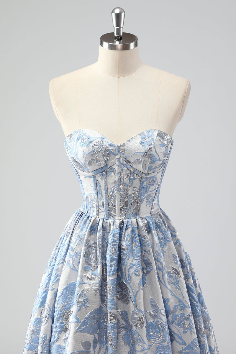 Load image into Gallery viewer, Cute Blue A-Line Sweetheart Brocade Corset Long Prom Dress