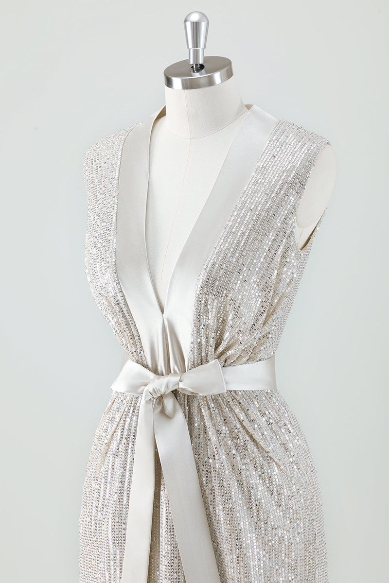 Load image into Gallery viewer, Champagne Sparkly V Neck Tea Length Holiday Party Dress with Bow