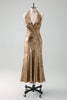 Load image into Gallery viewer, Golden Mermaid Halter Neck Backless Tea Length Bridesmaid Dress