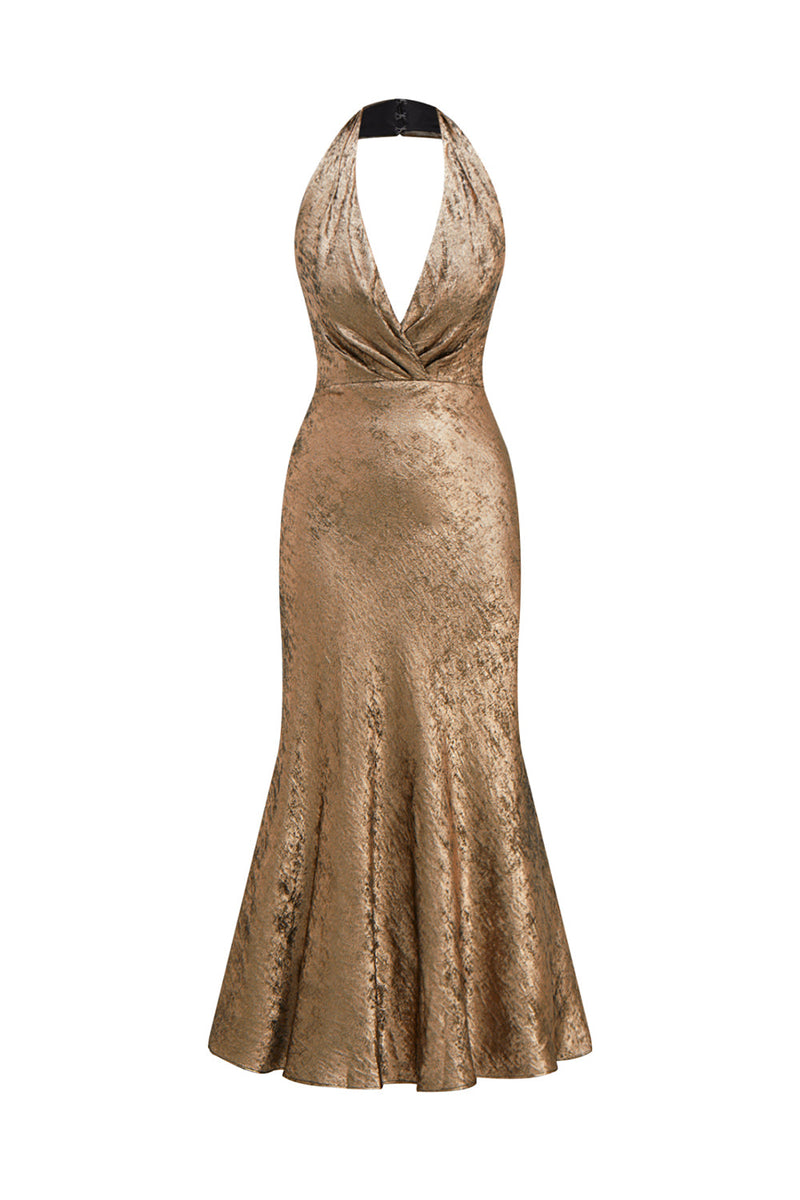 Load image into Gallery viewer, Golden Halter Neck Mermaid Midi Cocktail Dress