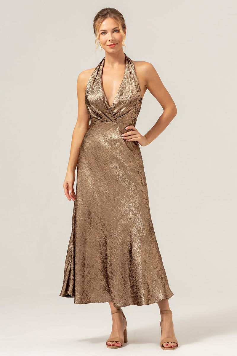 Load image into Gallery viewer, Golden Mermaid Halter Neck Backless Tea Length Bridesmaid Dress