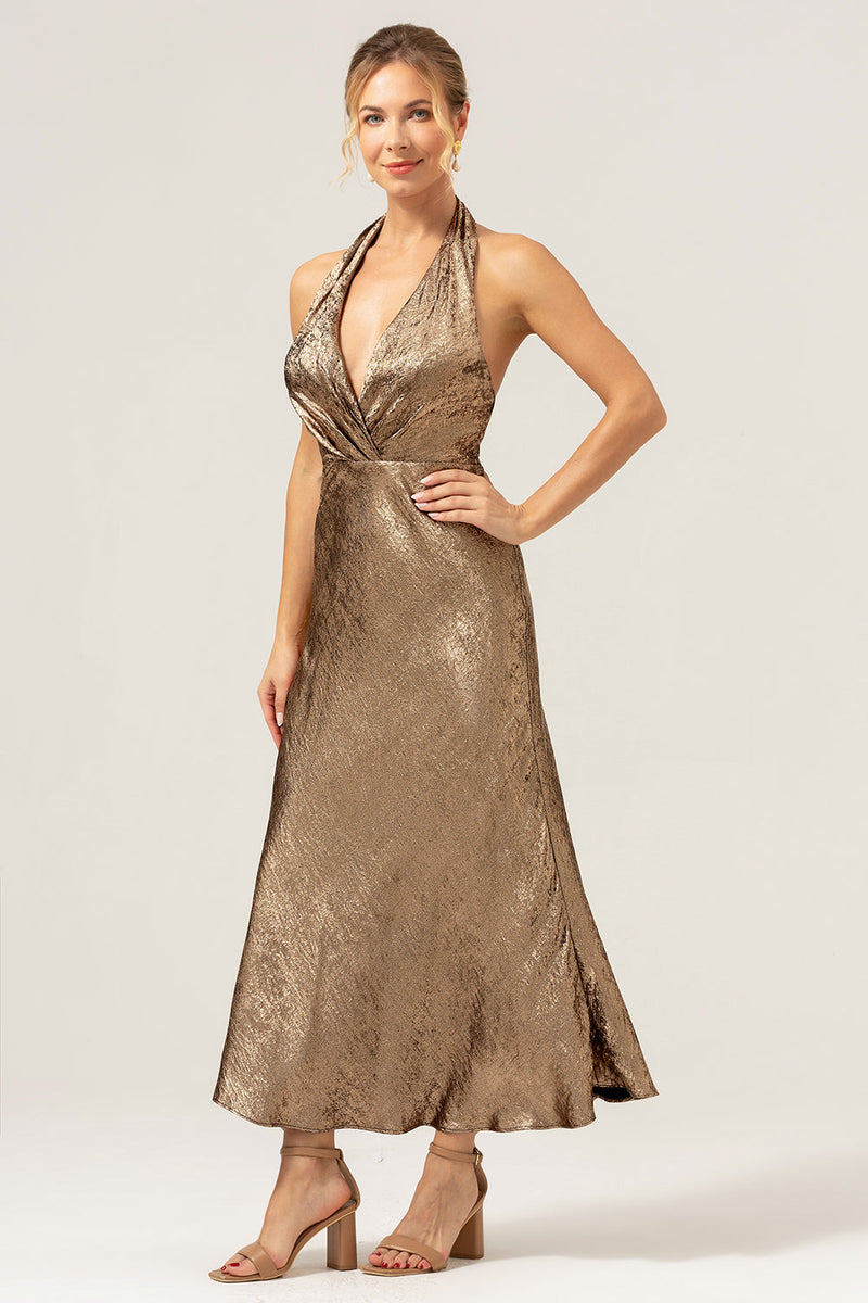 Load image into Gallery viewer, Golden Mermaid Halter Neck Backless Tea Length Bridesmaid Dress