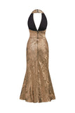 Golden Halter Neck Mermaid Midi Cocktail Dress