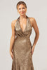 Load image into Gallery viewer, Golden Mermaid Halter Neck Backless Tea Length Bridesmaid Dress