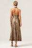 Load image into Gallery viewer, Golden Halter Neck Mermaid Midi Wedding Guest Dress