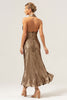 Load image into Gallery viewer, Golden Mermaid Halter Neck Backless Tea Length Bridesmaid Dress