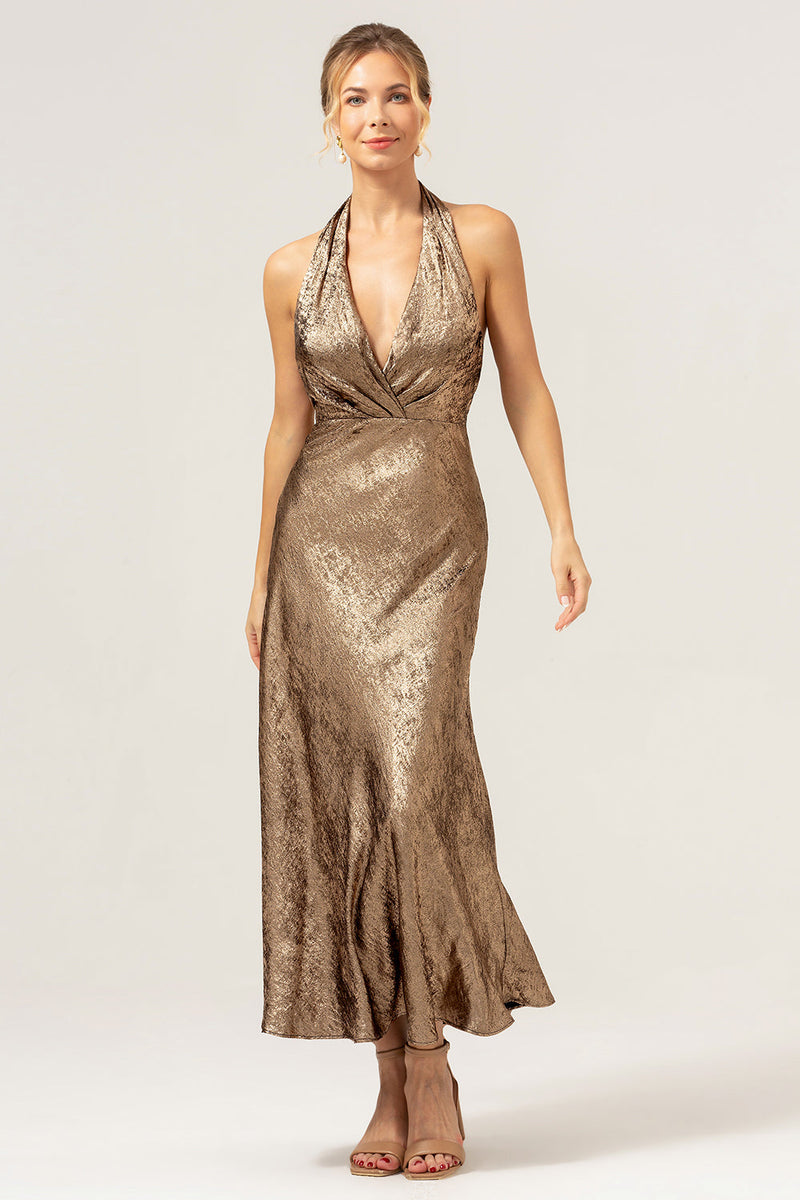 Load image into Gallery viewer, Golden Halter Neck Mermaid Midi Wedding Guest Dress