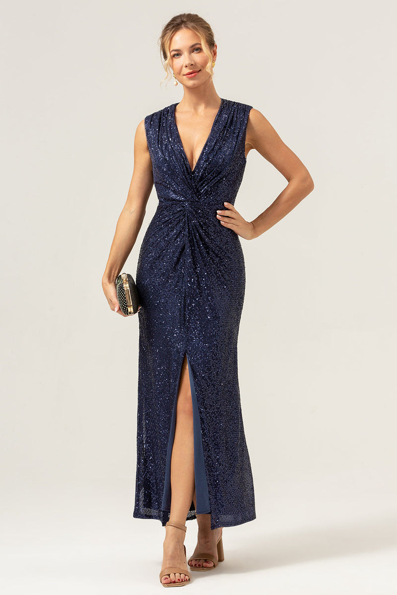 Load image into Gallery viewer, Sparkly Navy Sheath V-Neck Sequins Tea Length Prom Dress with Slit