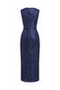 Load image into Gallery viewer, Navy V-neck Sheath Sequins Midi Cocktail Dress with Slit