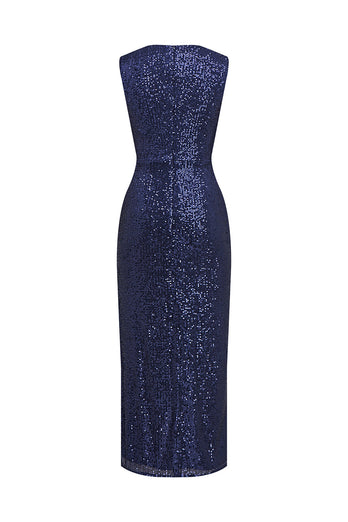 Navy V-neck Sheath Sequins Midi Cocktail Dress with Slit