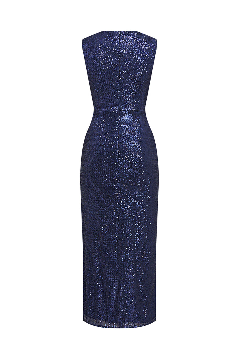 Load image into Gallery viewer, Navy V-neck Sheath Sequins Midi Cocktail Dress with Slit