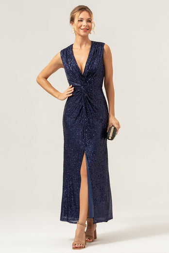 Navy V-neck Sheath Sequins Sleeveless Wedding Guest Dress